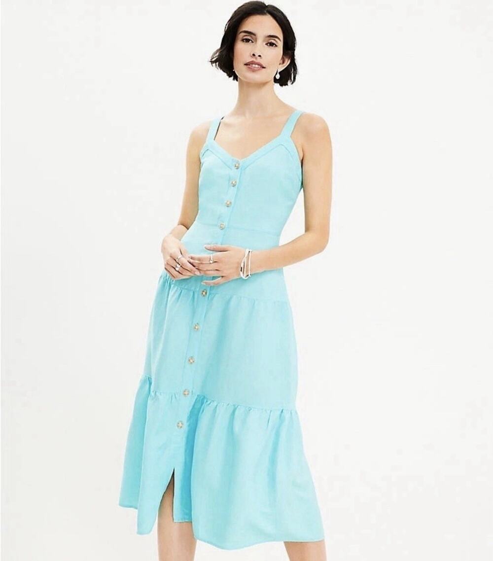 LOFT Petite Blue Linen Blend Midi Dress 10P